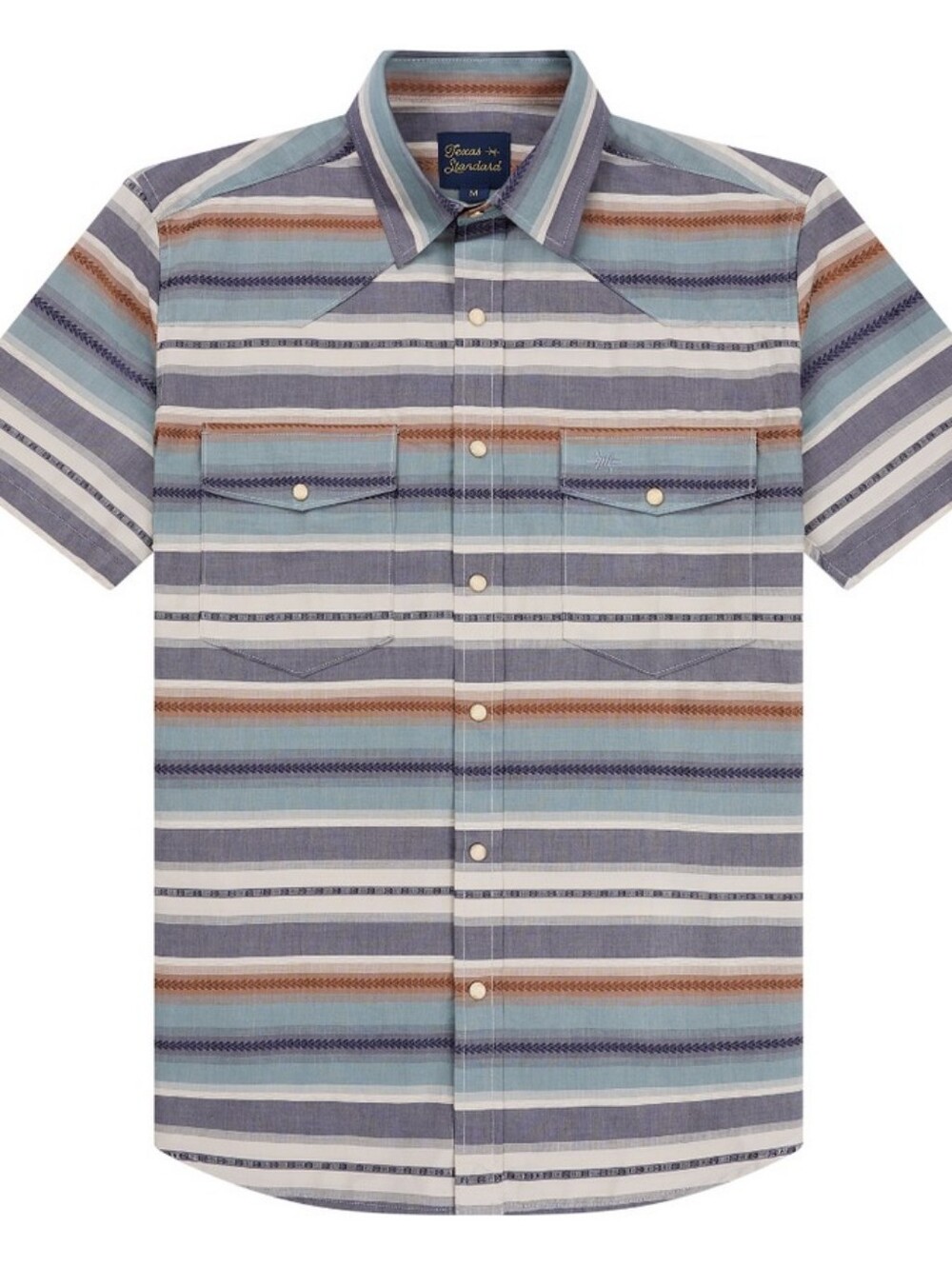 Texas Standard Pecos Short-Sleeve Pearl Snap Shirt in Blue, Light Blue & Brown M